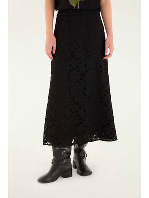 FLOWERED BLACK LACE MIDI SKIRT
