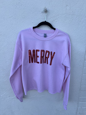 RED SEQUIN MERRY ON PINK SWEATER