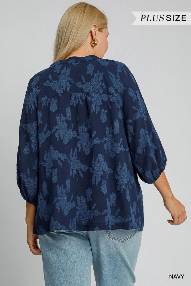 PLUS SIZE NAVY FLOCKED LS TOP