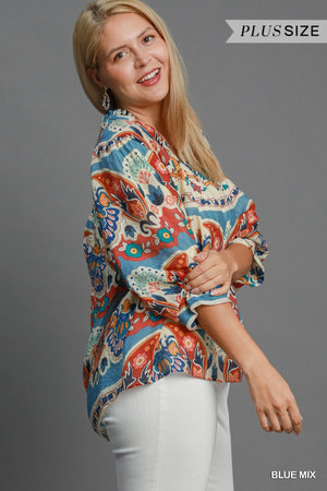 SPLIT NECK PRINTED TOP