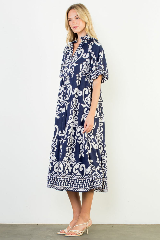 PUFF SLEEVE PRINT MIDI DRESS