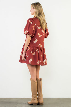 PUFF SLEEVE BOOT PRINTED DRESS
